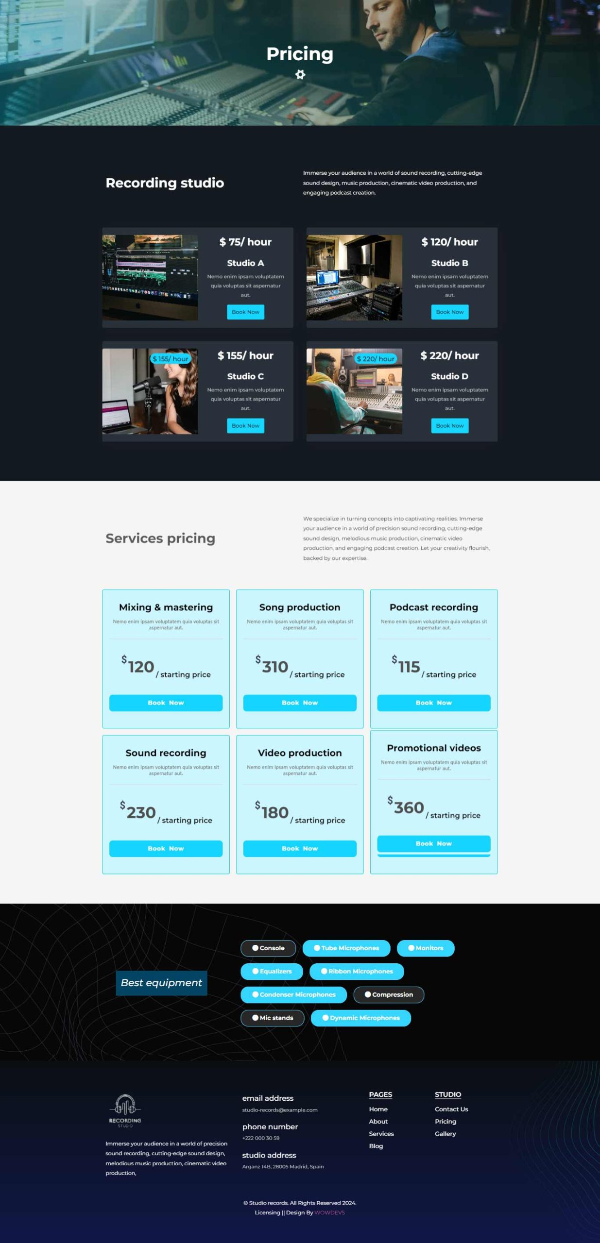Studio Record – Pricing template screenshot