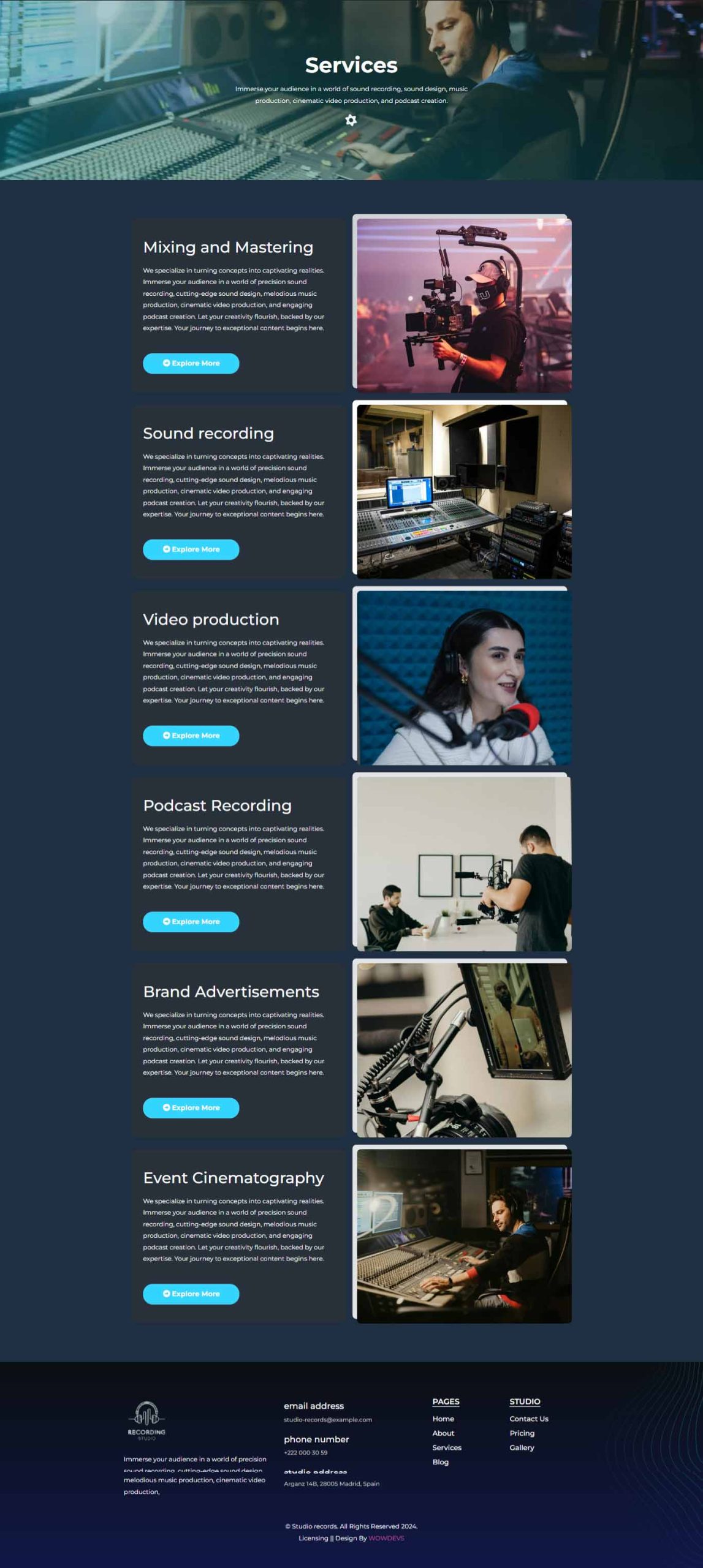 Studio Record – Services template screenshot